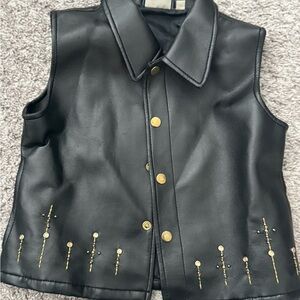 Girls Black Leather Vest with Gold Accents